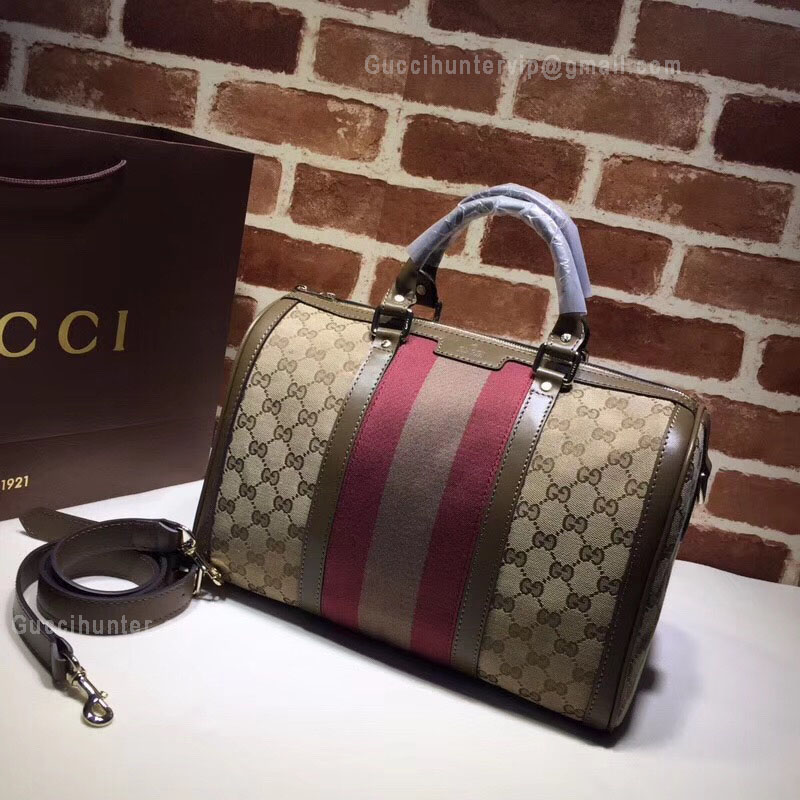 Gucci Beigebrown GG Canvas Vintage Web Boston Bag Brown And Red 247205